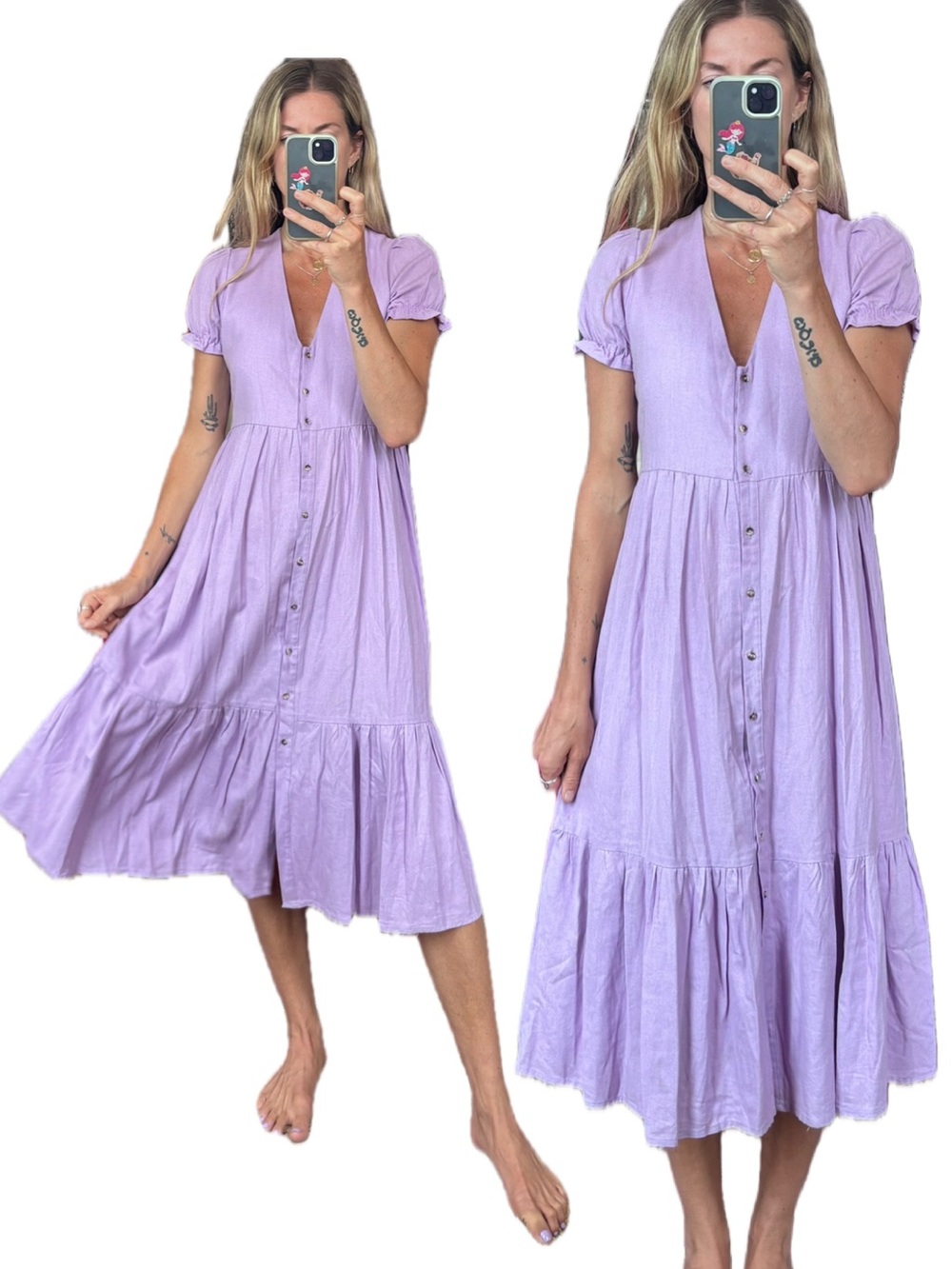 Linen Blend Lilac Lavender Purple Tiered Ruffle Button Down Midi Dress
